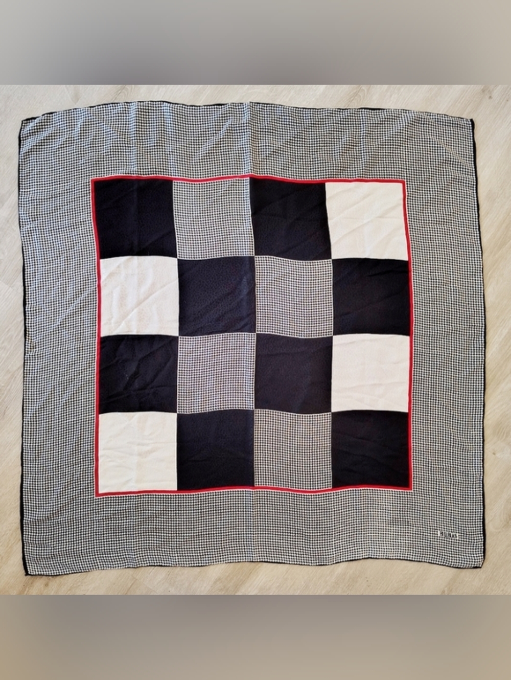 Vintage Bill Blass Black and White Checker, Houndstooth and Leopard Print Scarf